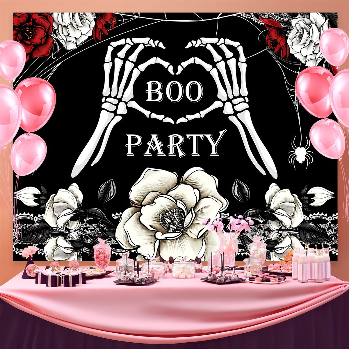 Toile de fond Anniversaire Personnalisable Gothique Squelettes Roses BRP3-90