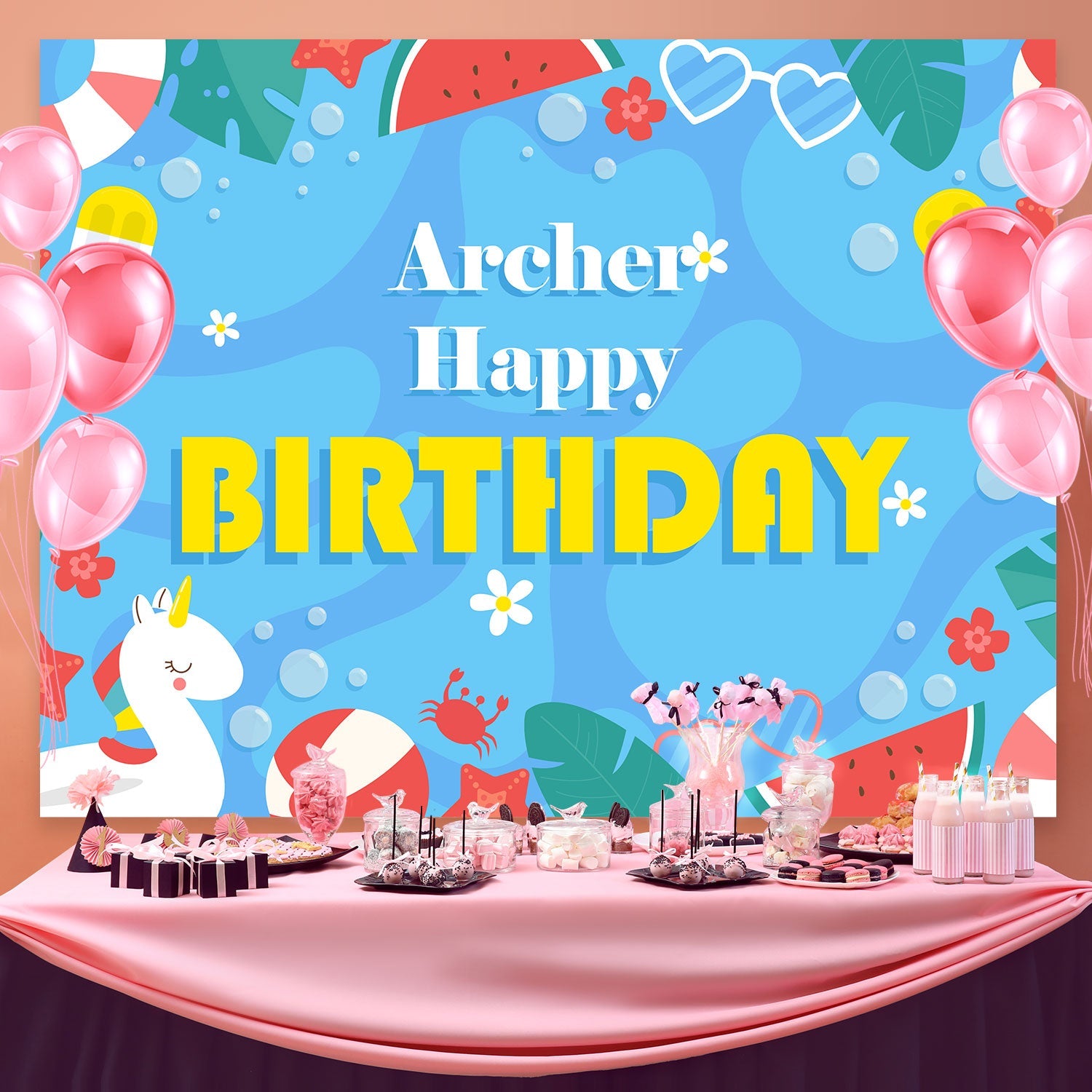 Toile de fond Photo Anniversaire Fête Tropicale Piscine BRP3-95