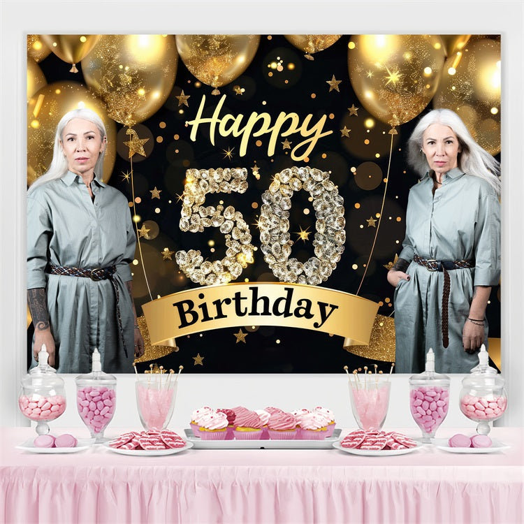 Toile de fond Anniversaire Personnalisée Étoiles Paillettes Ballons 50ème BRP4-11