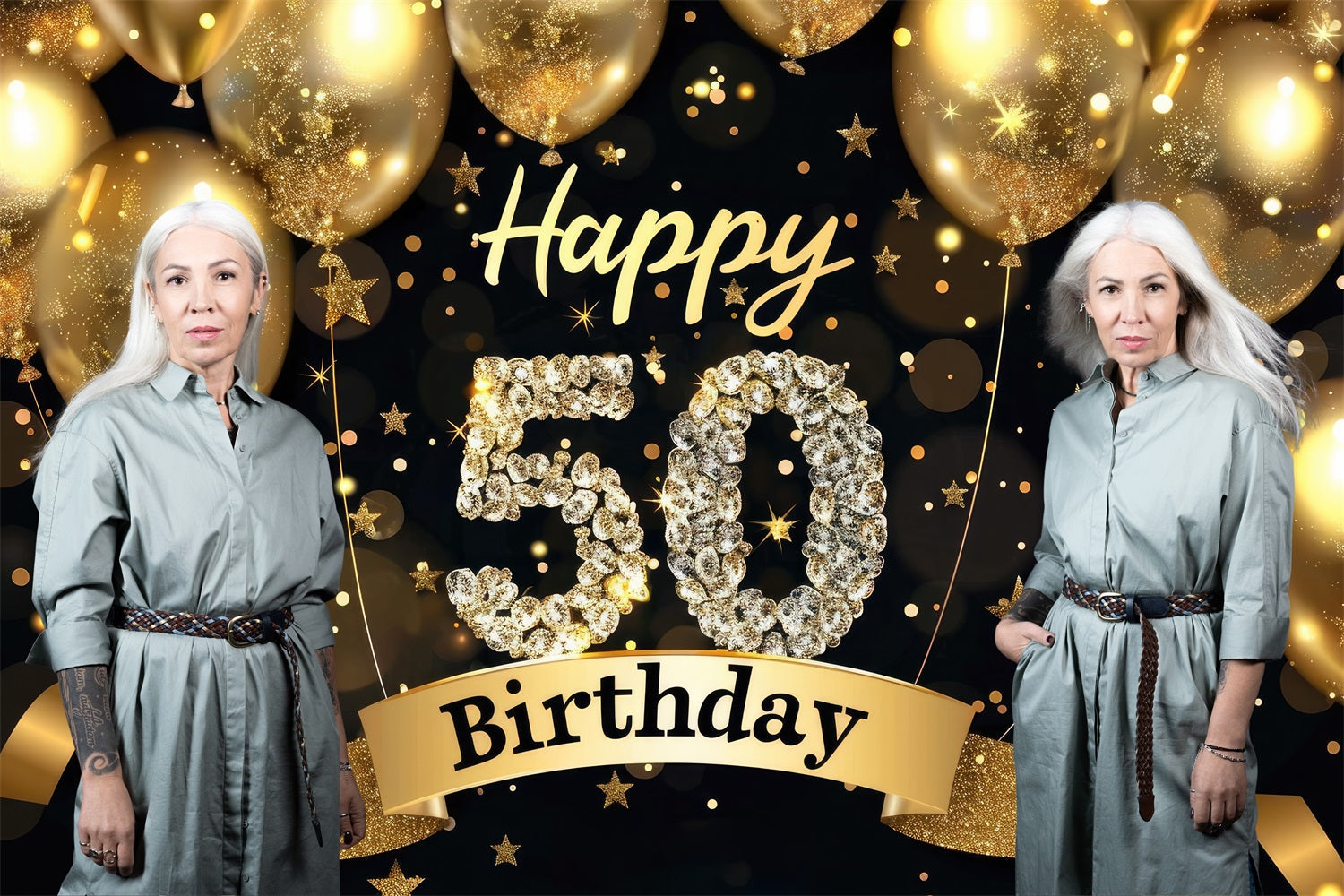 Toile de fond Anniversaire Personnalisée Étoiles Paillettes Ballons 50ème BRP4-11