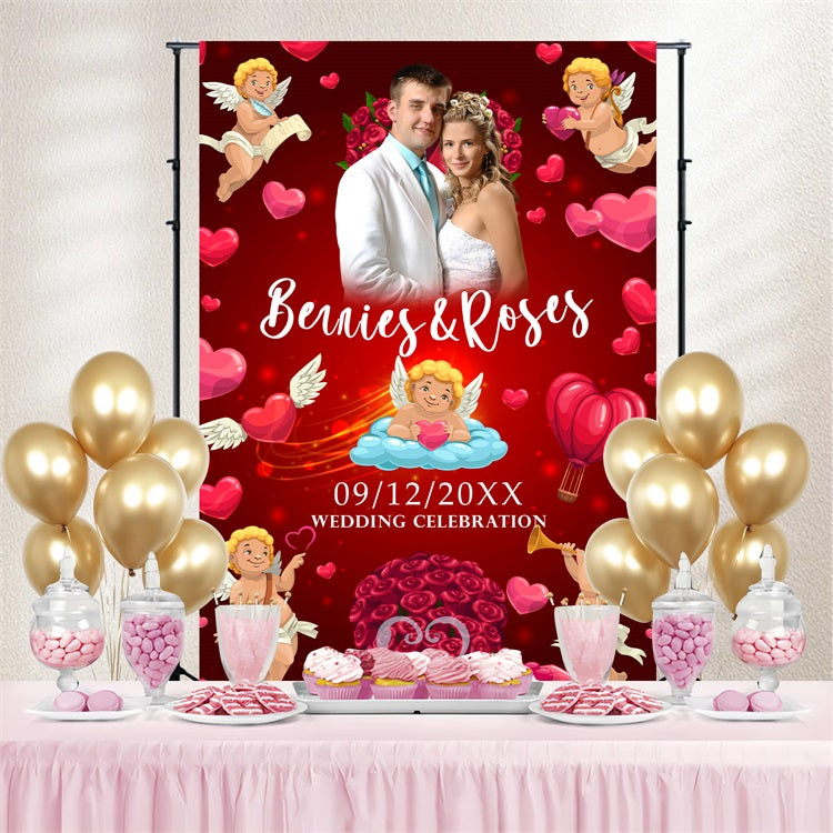 Toile de fond Photo Mariage Personnalisée Roses Cupidon Cœurs Personnalisée BRP4-110