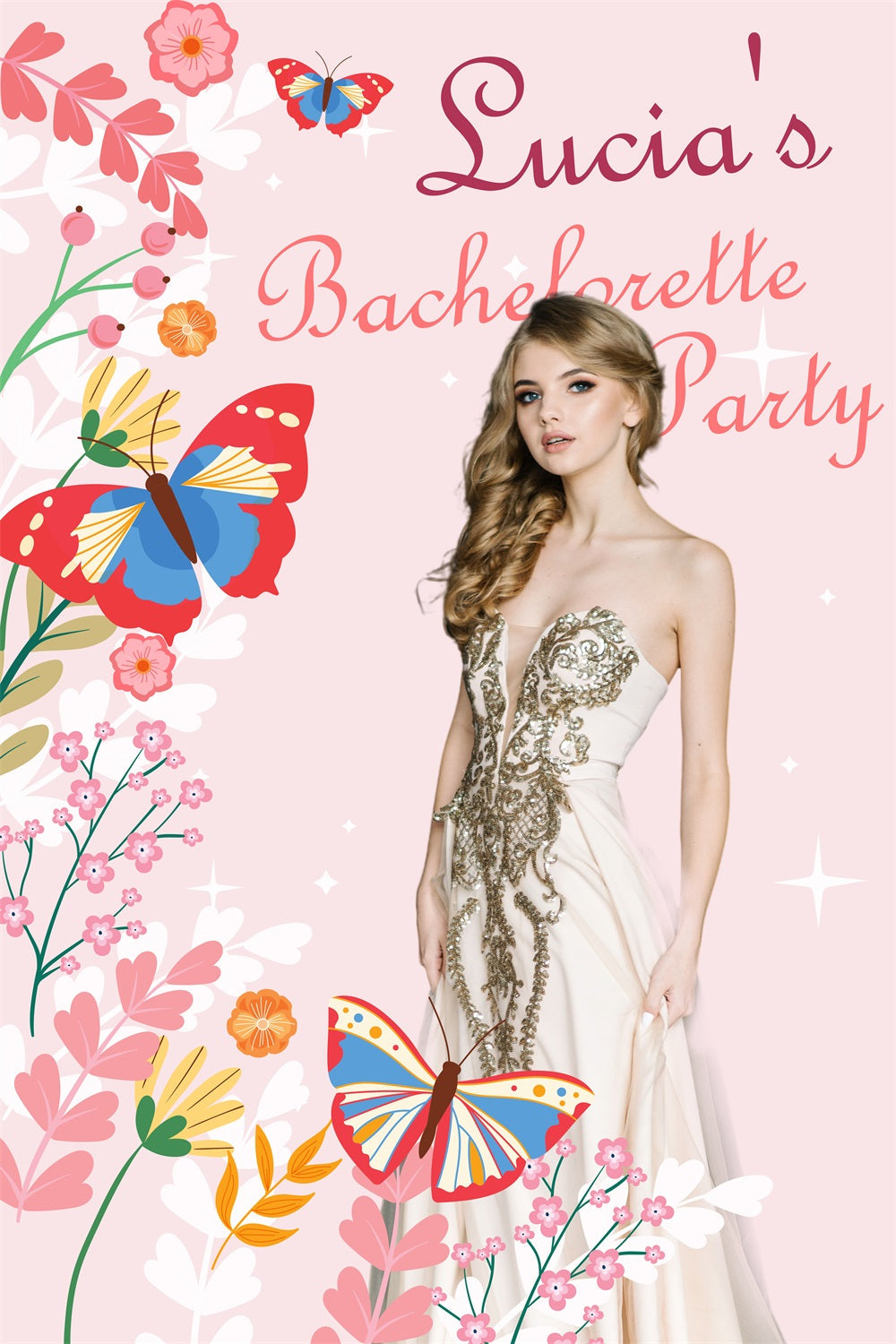 Toile de fond Mariage Personnalisable Papillon Floral Rose Personnalisée BRP4-111