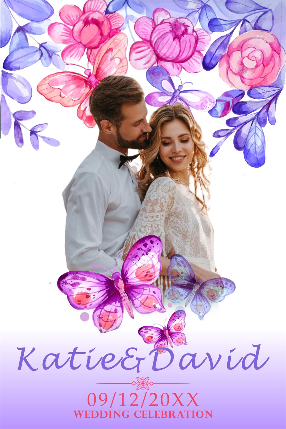 Toile de fond Mariage Personnalisable Papillon Floral Aquarelle Personnalisée BRP4-112