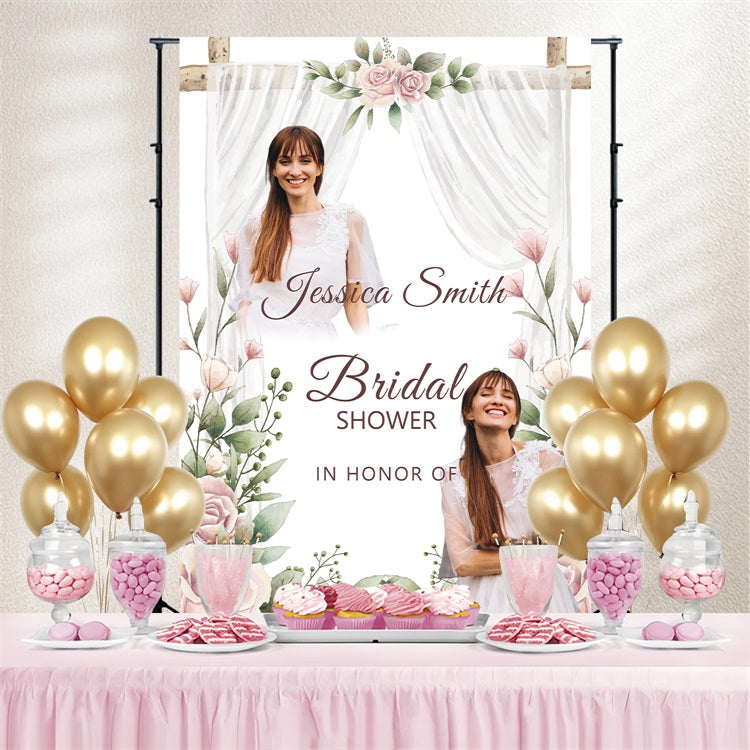 Toile de fond Bridal Shower Personnalisée Fleurs Aquarelle Rideau Rose Personnalisée BRP4-120