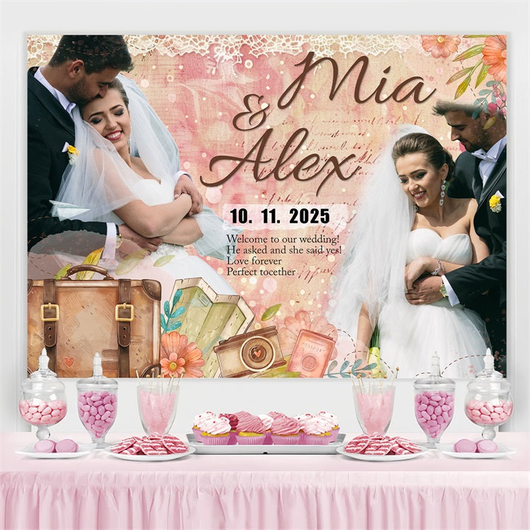 Toile de fond Mariage Idées Personnalisée Bagages Vintage Fleur Personnalisée BRP4-132