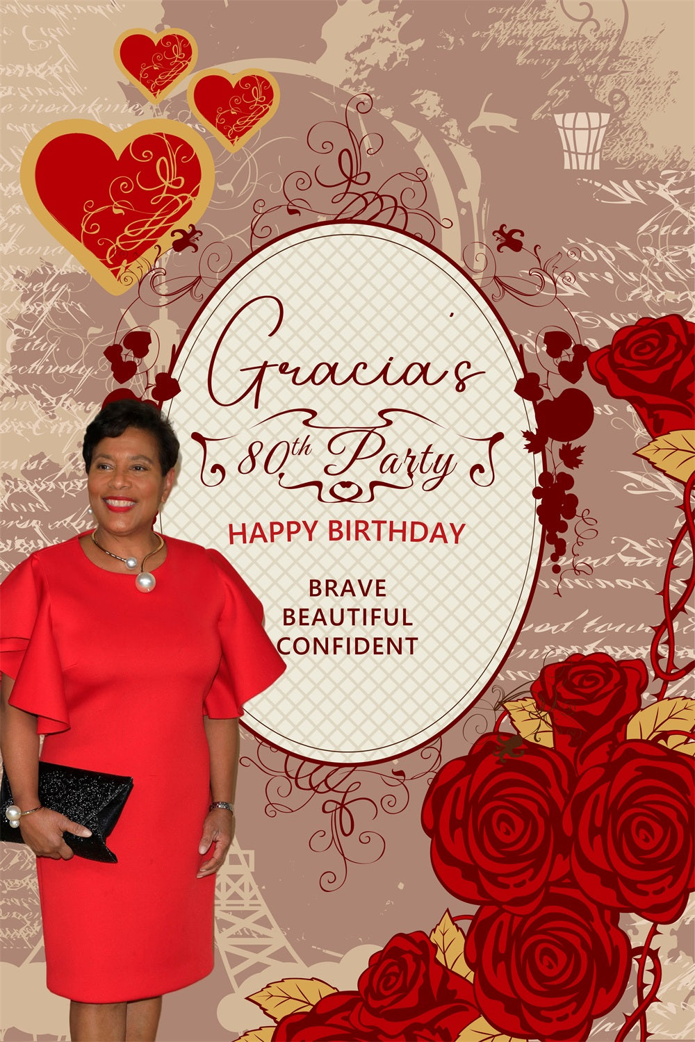 Toile de fond Anniversaire Personnalisée Rose Rouge 80ème BRP4-21