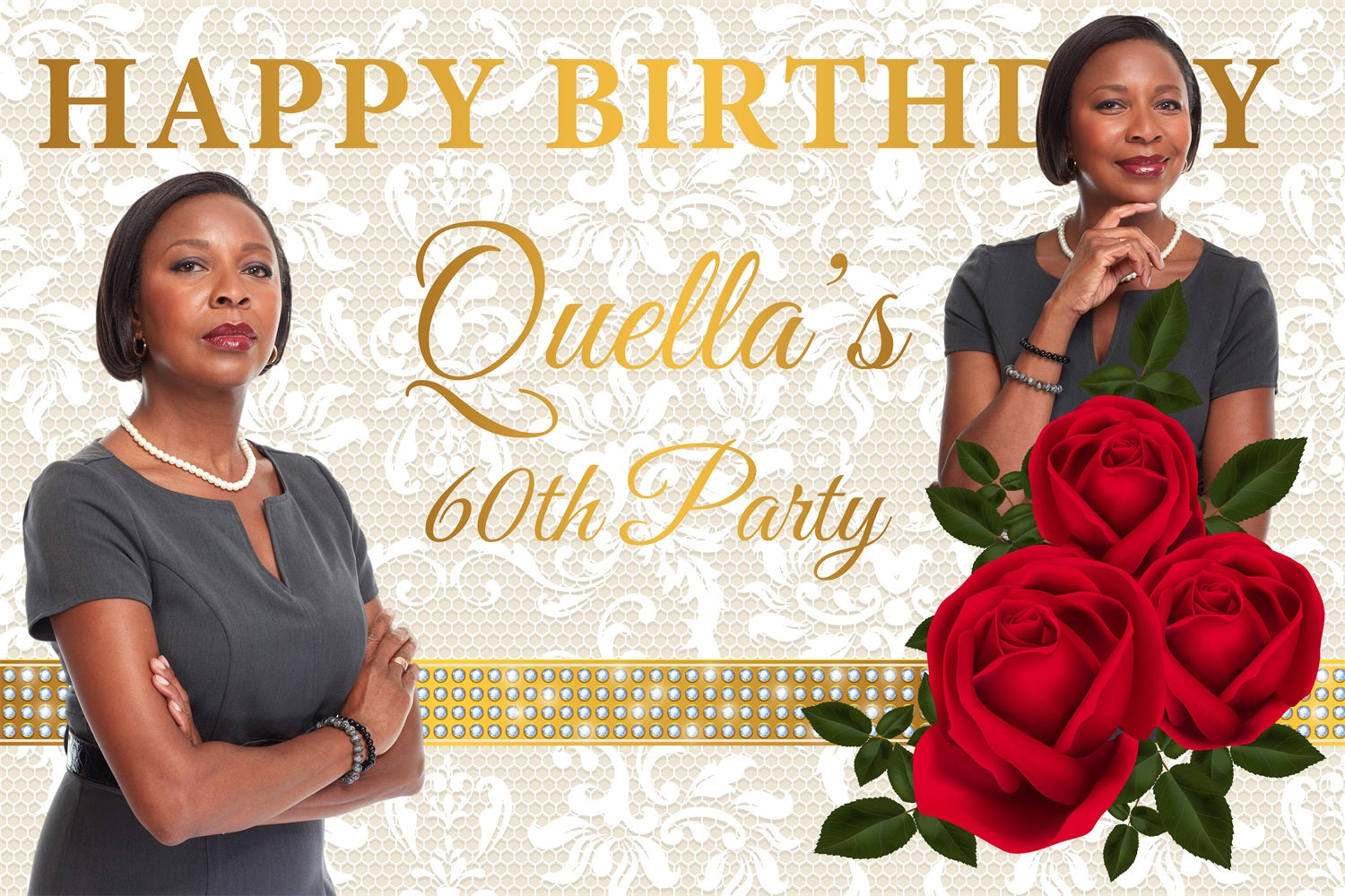 Toile de fond Anniversaire Personnalisable Dentelle Rose 60ème BRP4-22