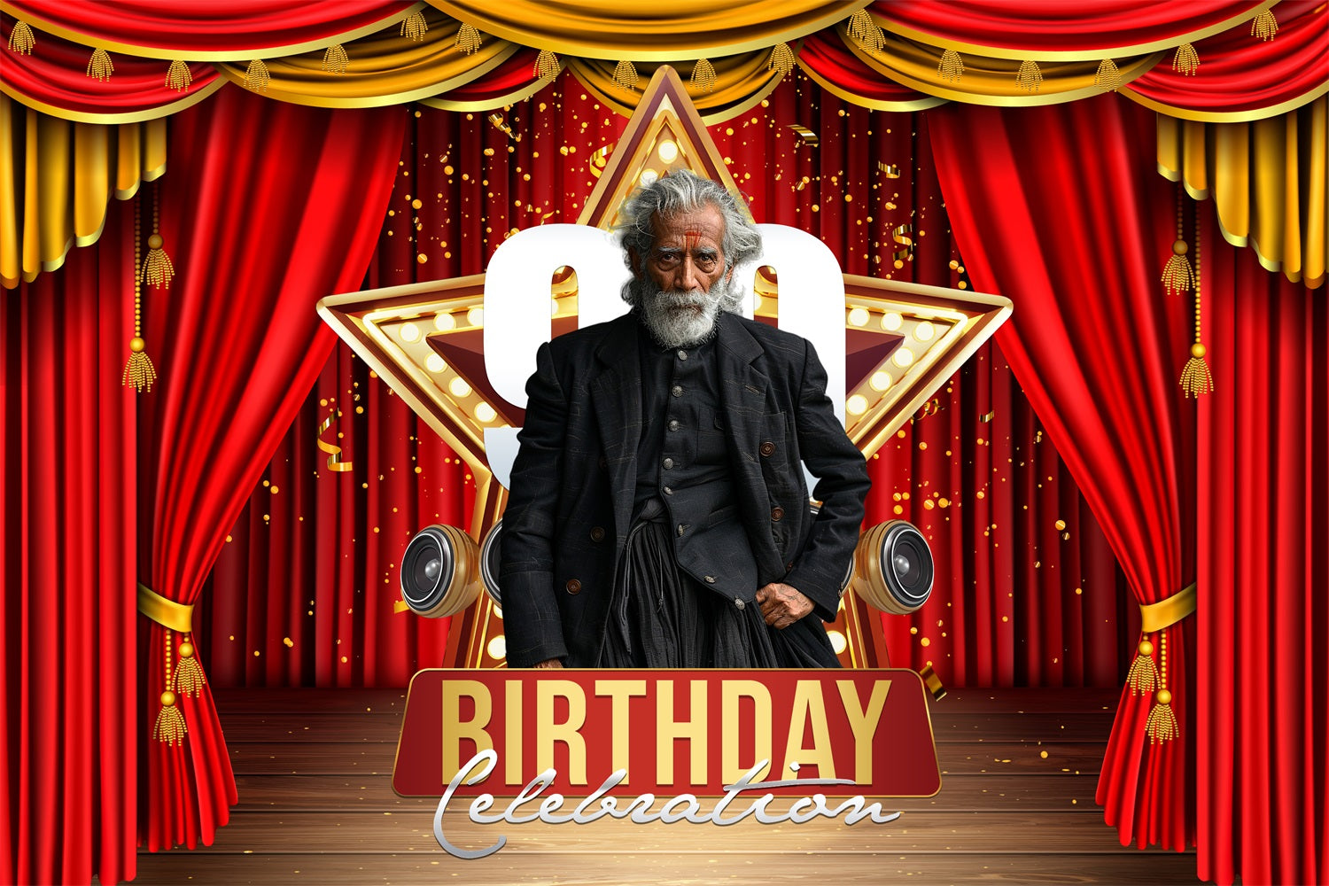 Toile de fond Anniversaire Personnalisée Rideau Rouge Scène 90ème BRP4-23