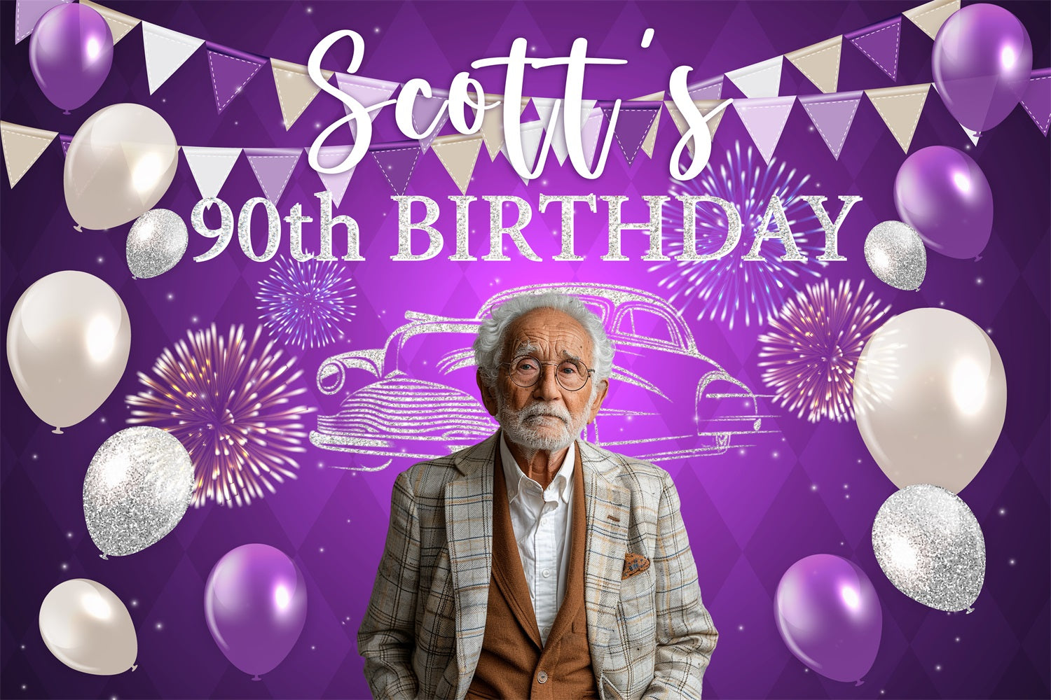 Toile de fond Anniversaire Personnalisée Feux d'Artifice Ballon 90ème BRP4-24