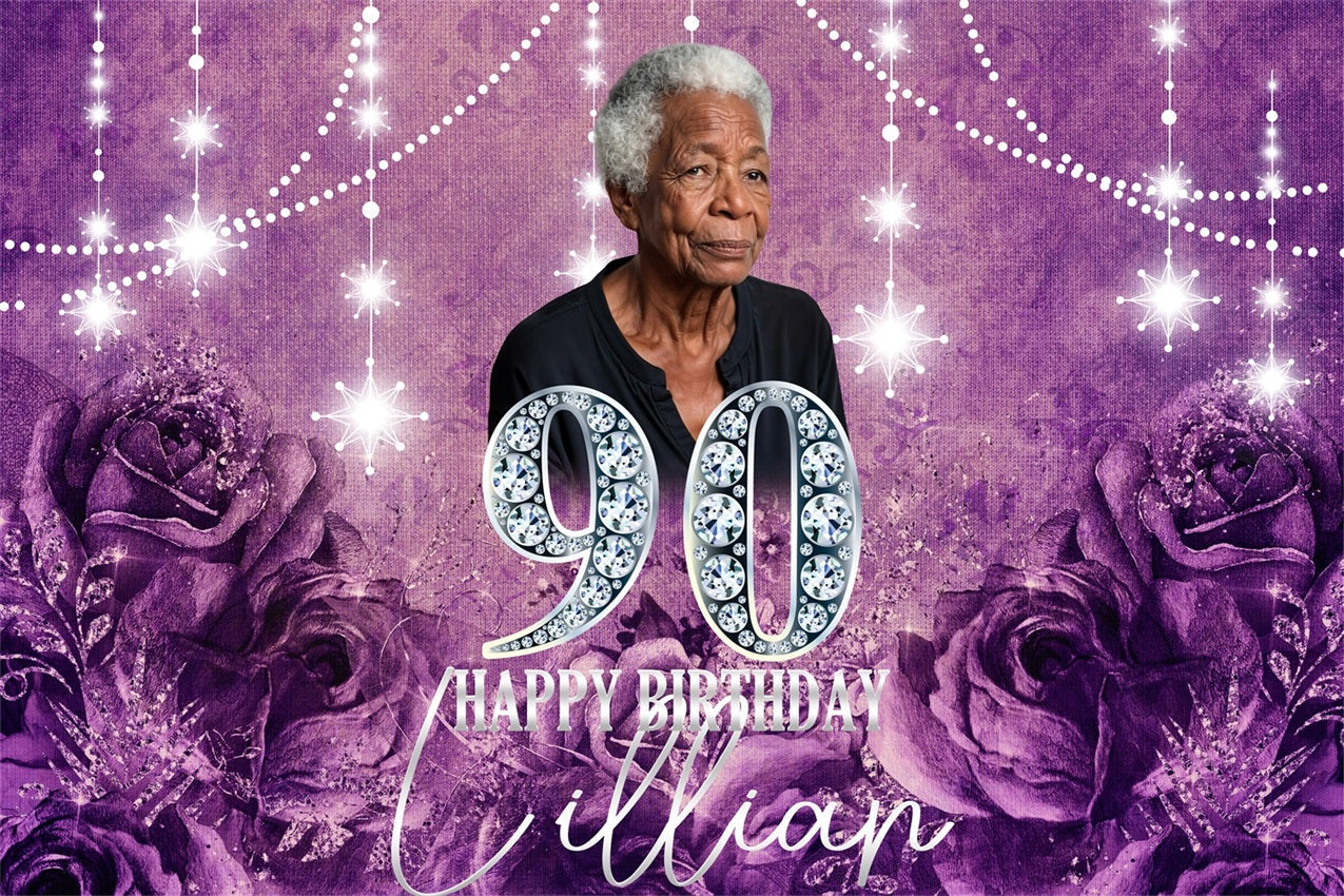 Toile de fond Anniversaire Personnalisable Rose Vintage 90ème Violet BRP4-34