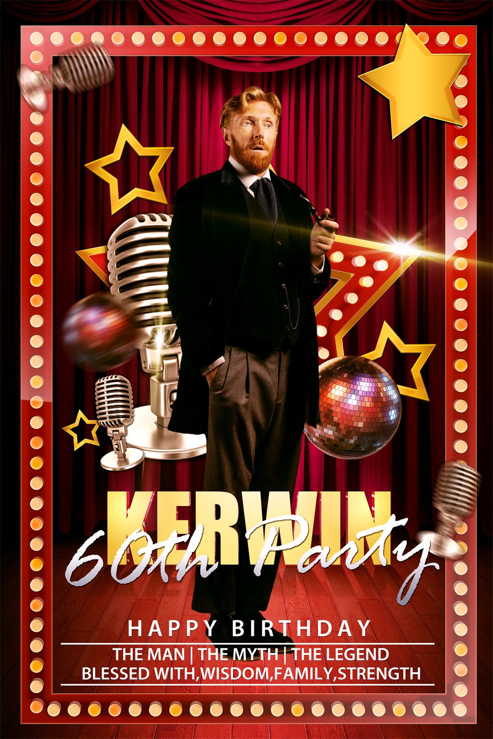 Toile de fond Anniversaire Personnalisée Spotlight Rouge Scène 60ème BRP4-38