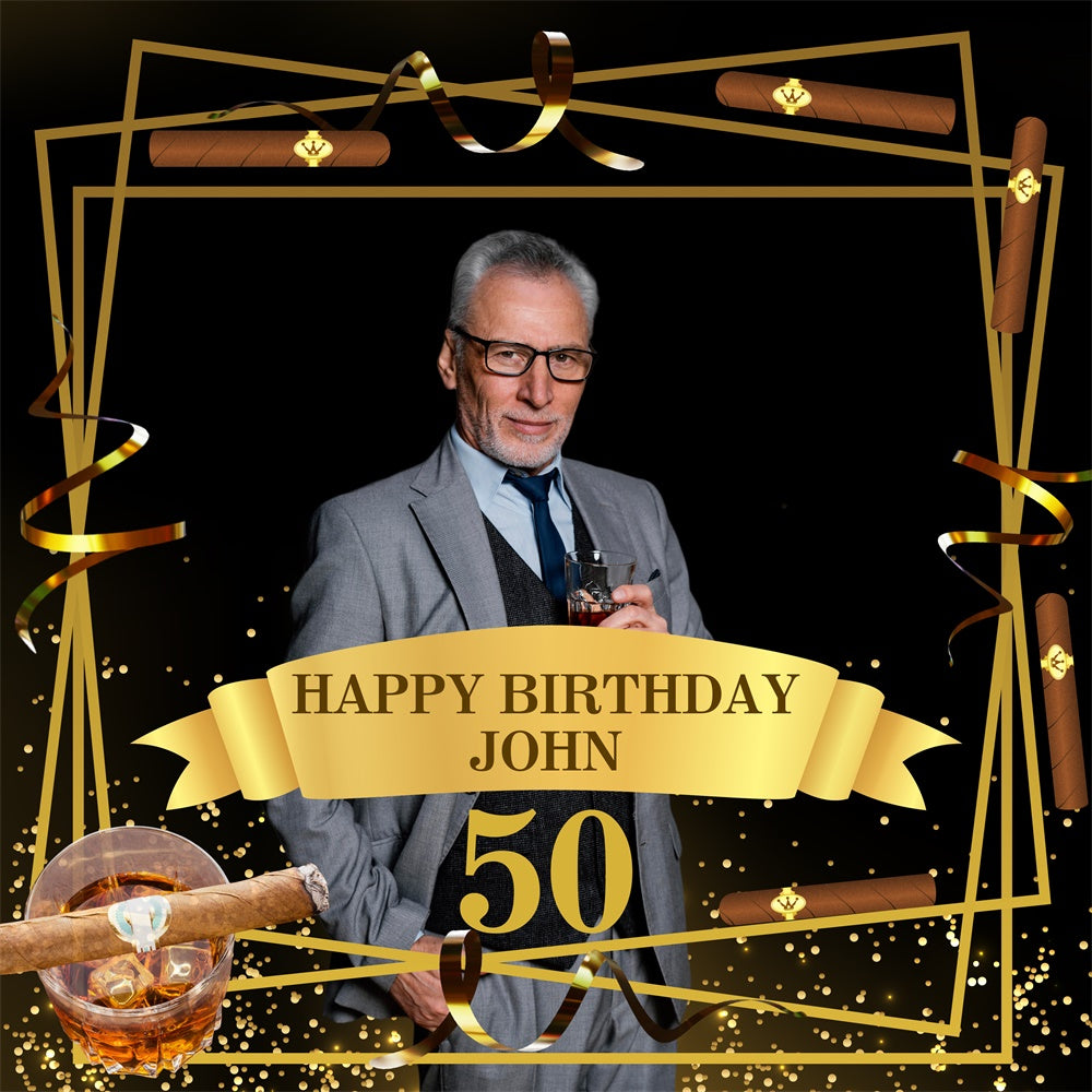 Toile de fond Deco Anniversaire Personnalisé Whisky et Cigare Or 50e BRP5-107