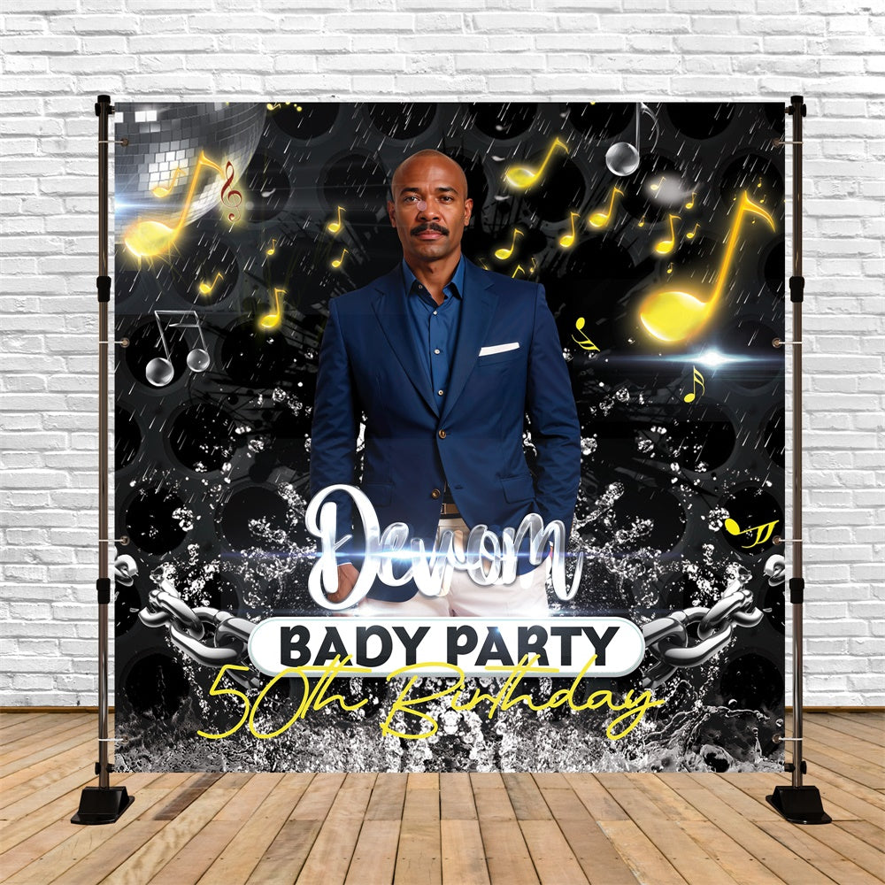 Toile de fond Anniversaire Personnalisable Notes Dorées Thème Musical 50e BRP5-108