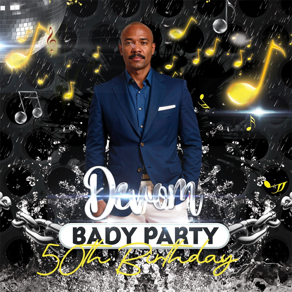 Toile de fond Anniversaire Personnalisable Notes Dorées Thème Musical 50e BRP5-108