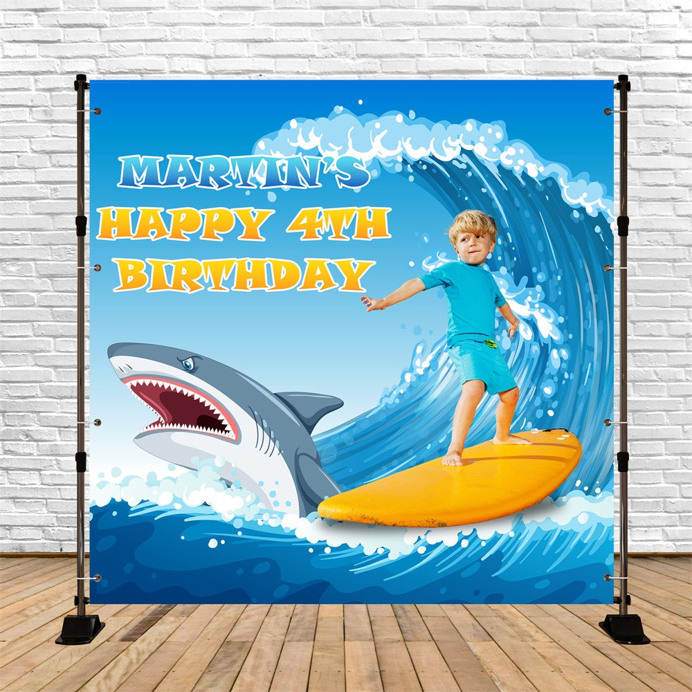 Toile de fond Deco Anniversaire Personnalisé Requins et Vagues Surf 4e BRP5-113