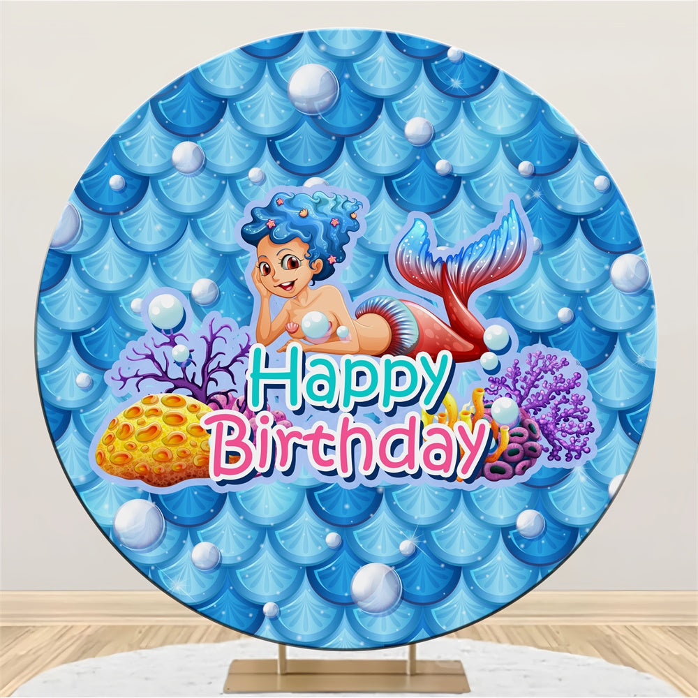 Toile de fond Rond Personnalisable Joyeux Anniversaire Sirène Dessin Animé Mignonne BRP5-127