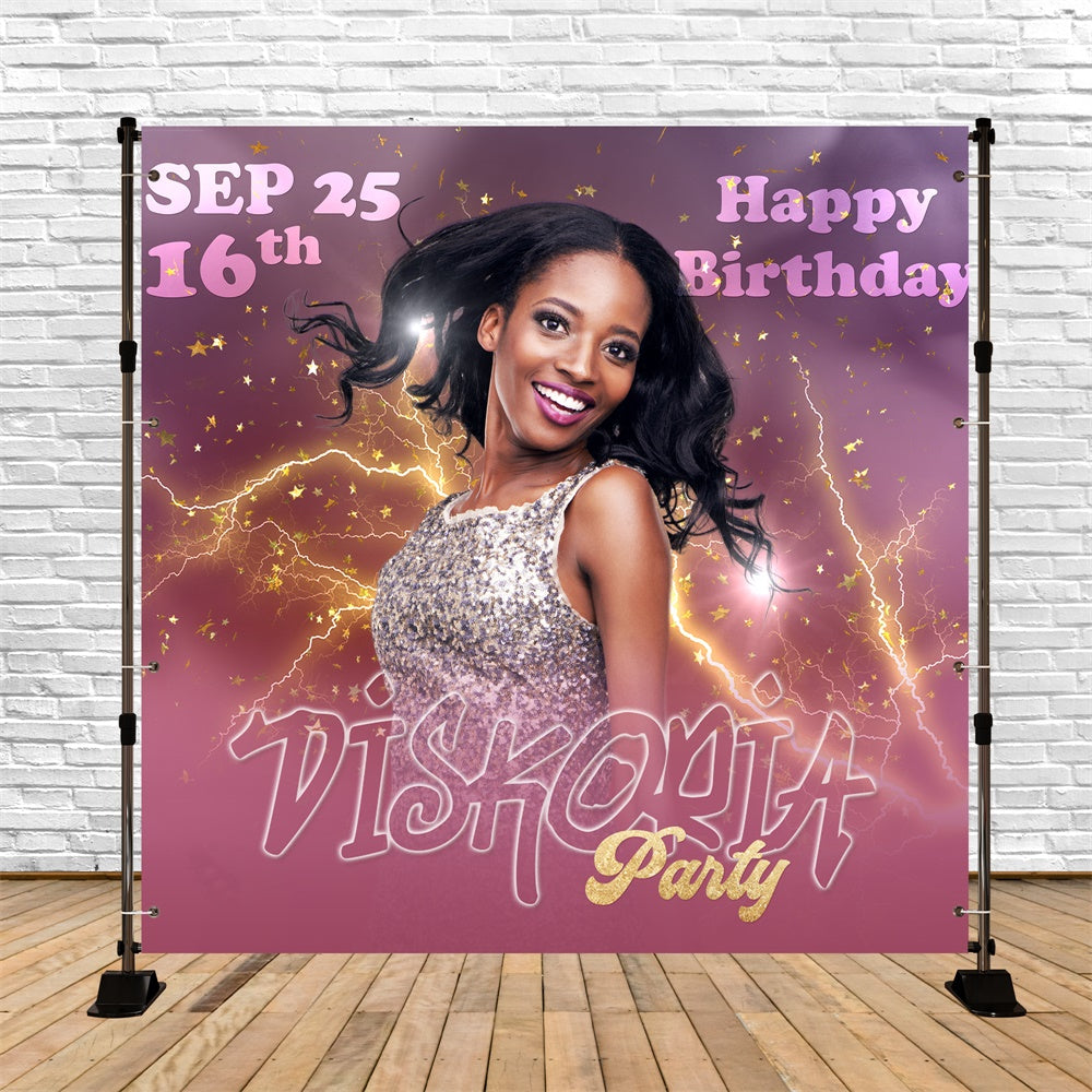 Toile de fond Photo Anniversaire Personnalisable Éclairs Dorés Glamour 16e BRP5-78