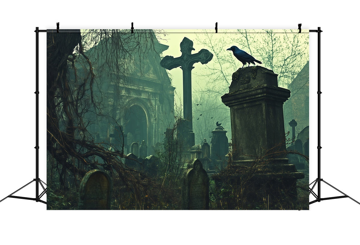 Toile de fond Photo Halloween Église Abandonnée et Tombes BRP57-103