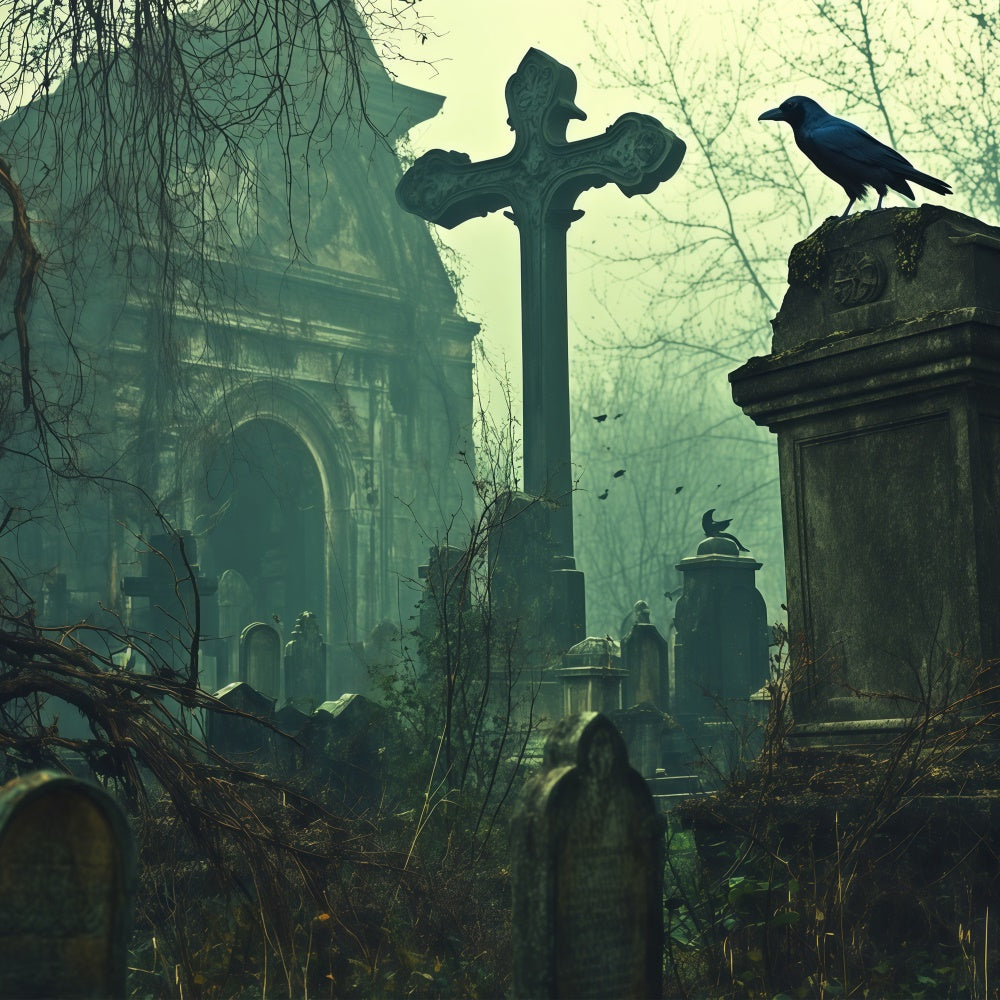 Toile de fond Photo Halloween Église Abandonnée et Tombes BRP57-103