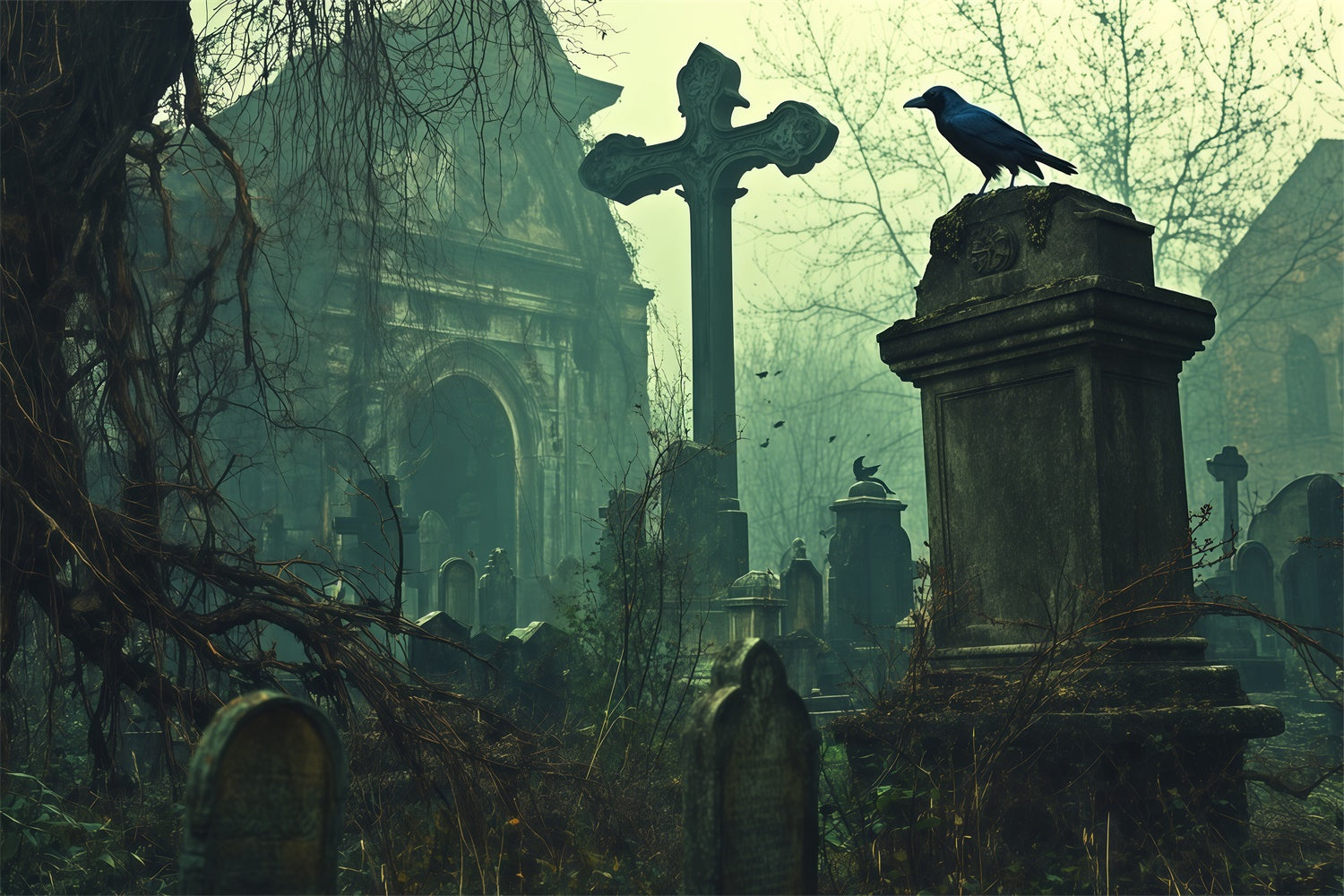 Toile de fond Photo Halloween Église Abandonnée et Tombes BRP57-103