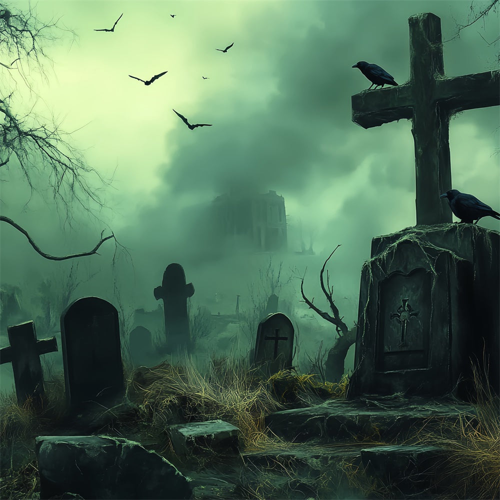 Toile de fond Photo Halloween Tombe Désertée et Brouillard BRP57-105