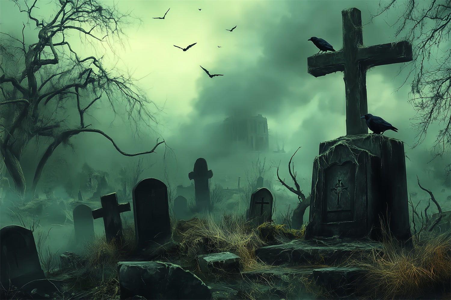 Toile de fond Photo Halloween Tombe Désertée et Brouillard BRP57-105