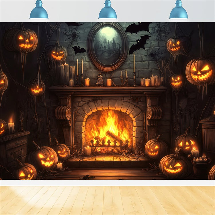 Toile de fond Photo Halloween Cheminée Citrouille Chauve-Souris BRP57-113