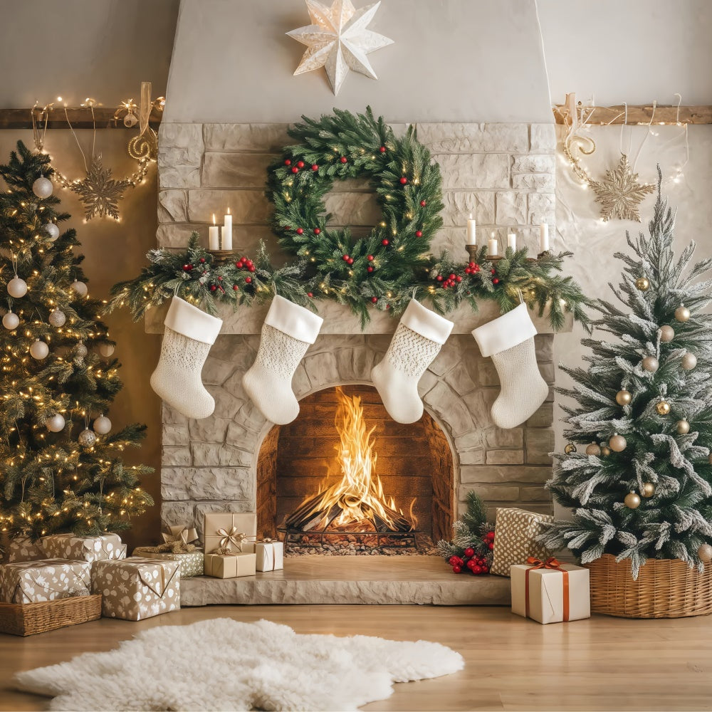 Toile de fond Noël Coin du Feu Douillet et Chaussettes BRP57-133