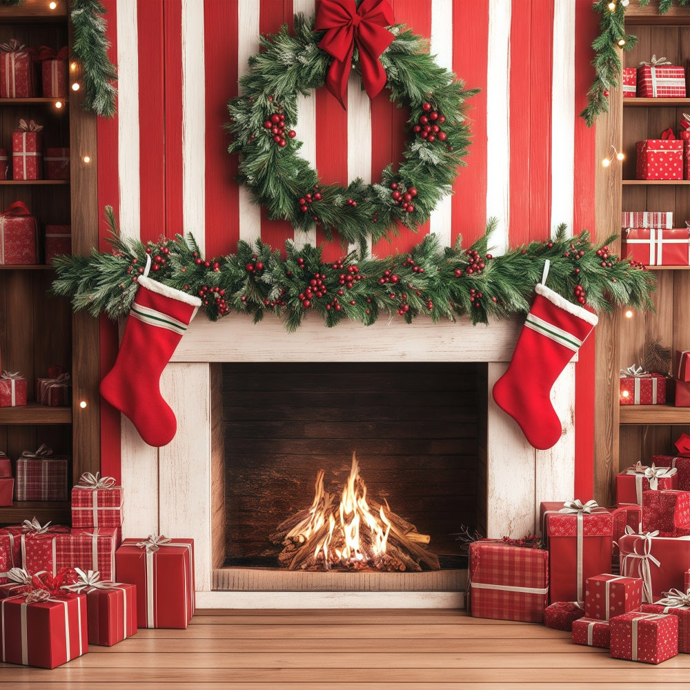 Toile de fond de Noël Mur Cadeaux Canne Sucrée Cheminée BRP57-136
