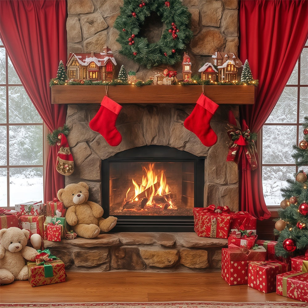 Toile de fond de Noël Rêves Ourson au Coin du Feu BRP57-138