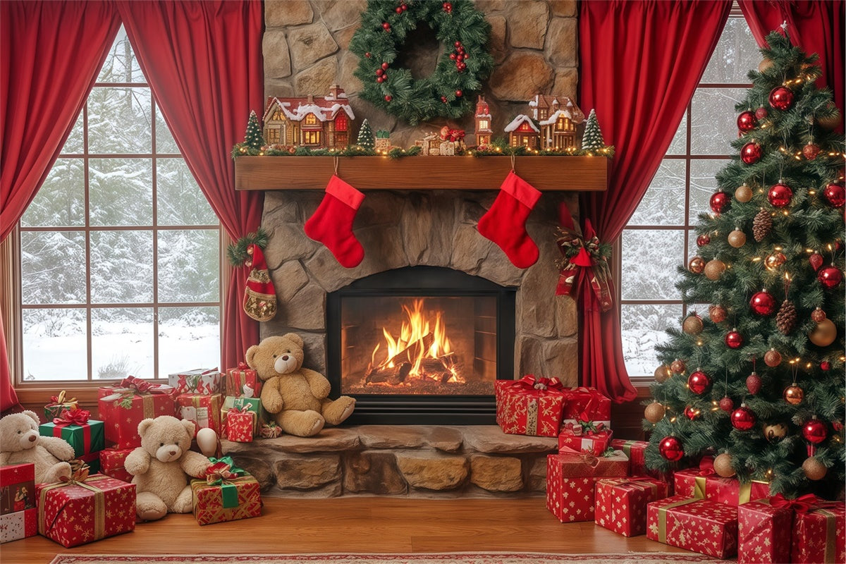 Toile de fond de Noël Rêves Ourson au Coin du Feu BRP57-138