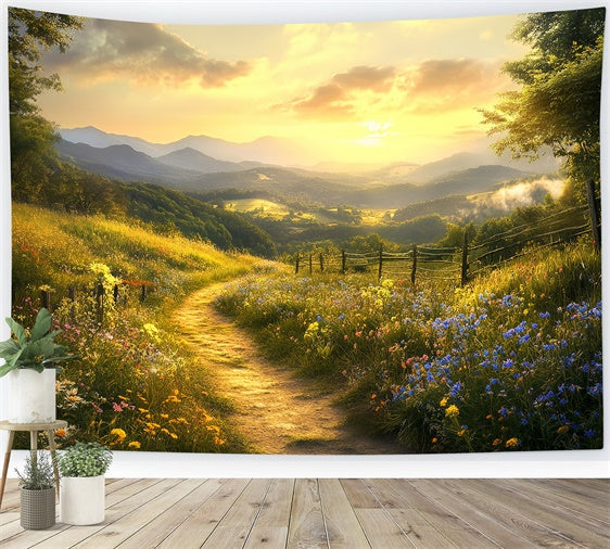 Toile de fond Automne Prairie Sentier Coucher Soleil BRP57-169