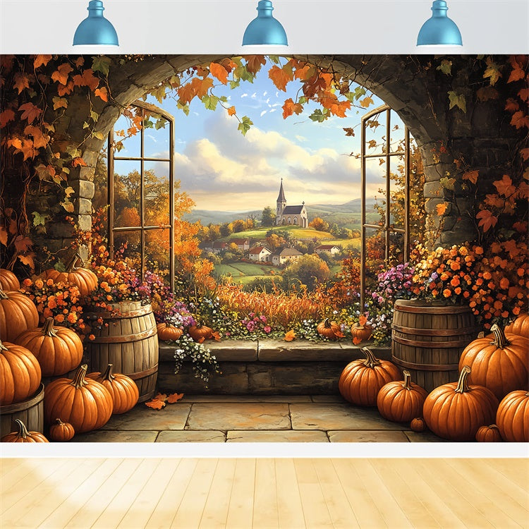 Toile de fond Déco Automne Citrouille Baril Vue Village BRP57-175
