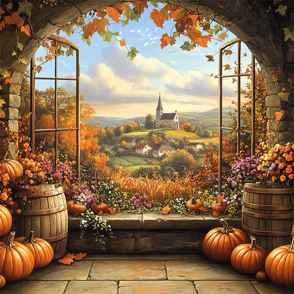Toile de fond Déco Automne Citrouille Baril Vue Village BRP57-175