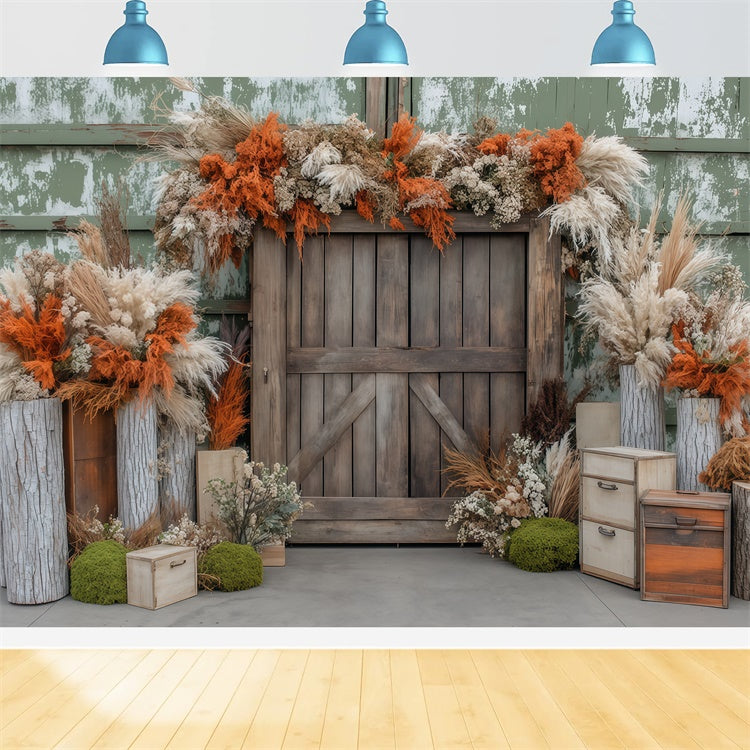 Toile de fond Déco Automne Fleurs Sèches Grange Rustique BRP57-179