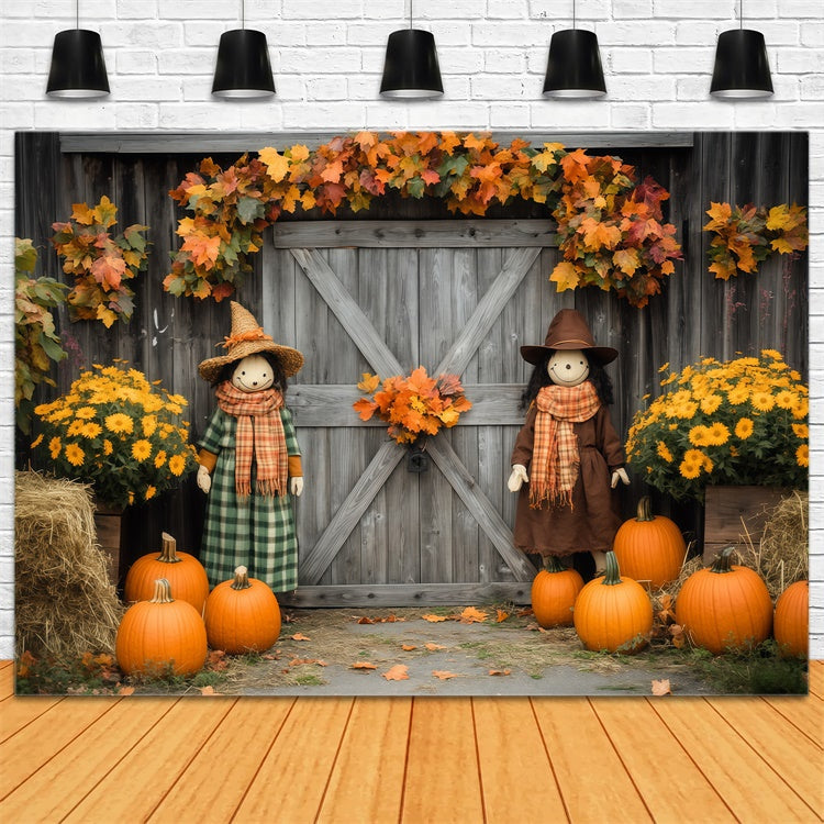 Toile de fond Déco Automne Champ Citrouille Épouvantail BRP57-180