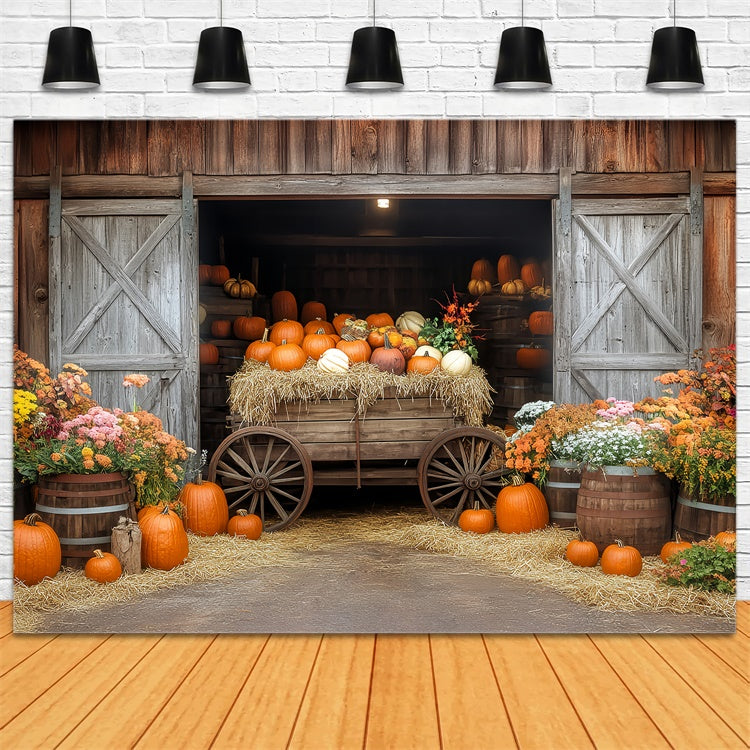 Toile de fond Photo Automne Chariot Citrouille Grange BRP57-184