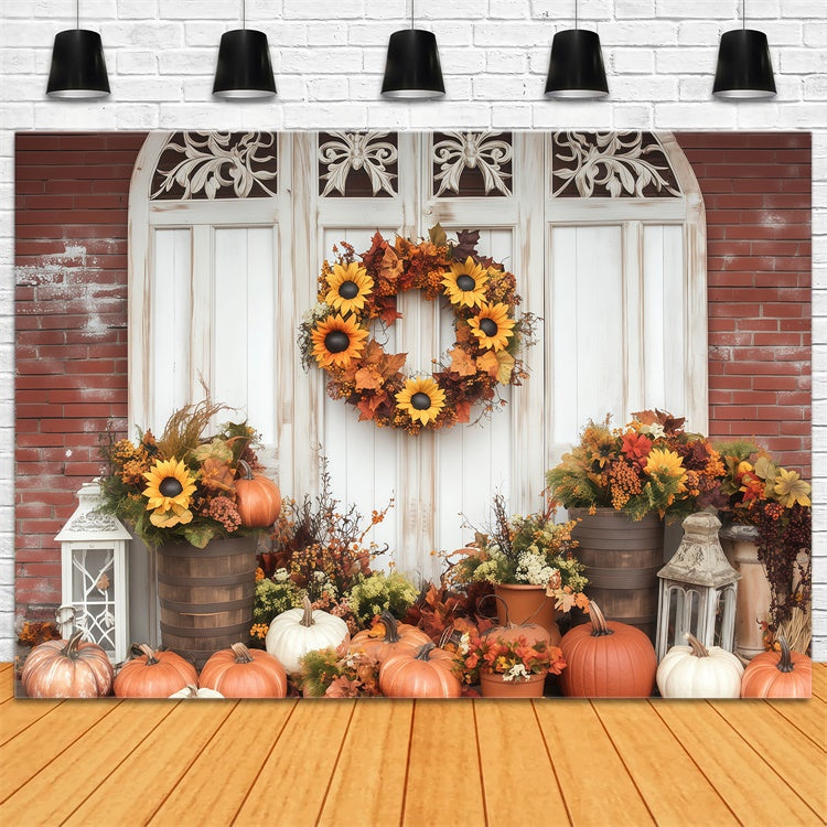 Toile de fond Photo Automne Porche Couronne Tournesols BRP57-188