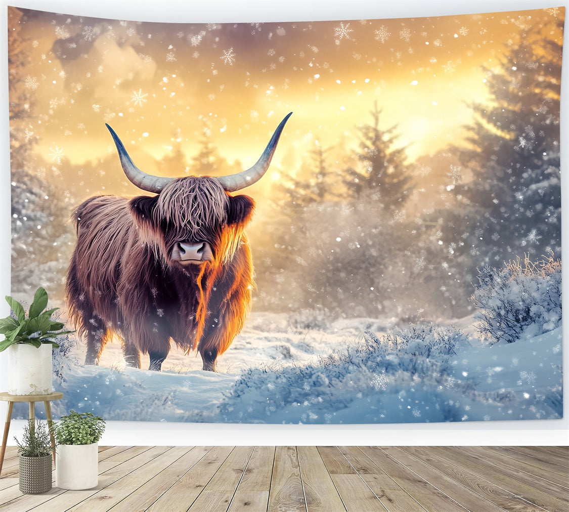 Toile de fond Hiver Pins Givrés Coucher de Soleil BRP57-352
