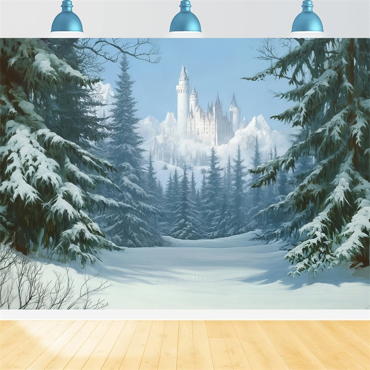 Toile de fond Hiver Photographie Pins Neige Château BRP57-378