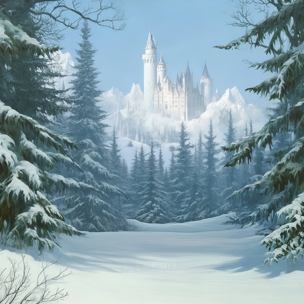 Toile de fond Hiver Photographie Pins Neige Château BRP57-378
