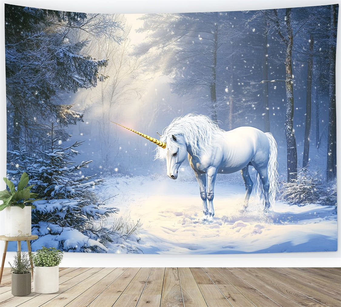 Toile de fond Hiver Forêt Licorne Magique Givrée BRP57-380