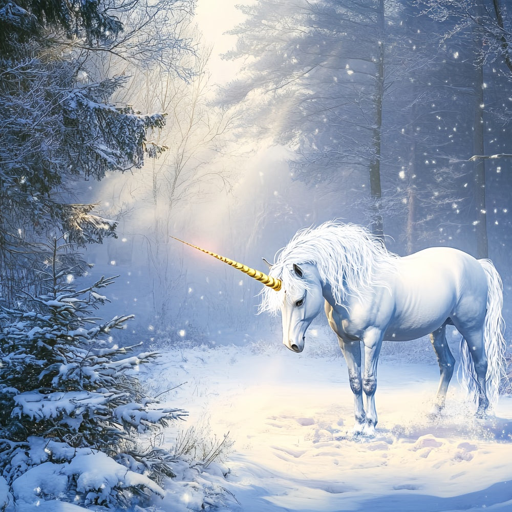 Toile de fond Hiver Forêt Licorne Magique Givrée BRP57-380