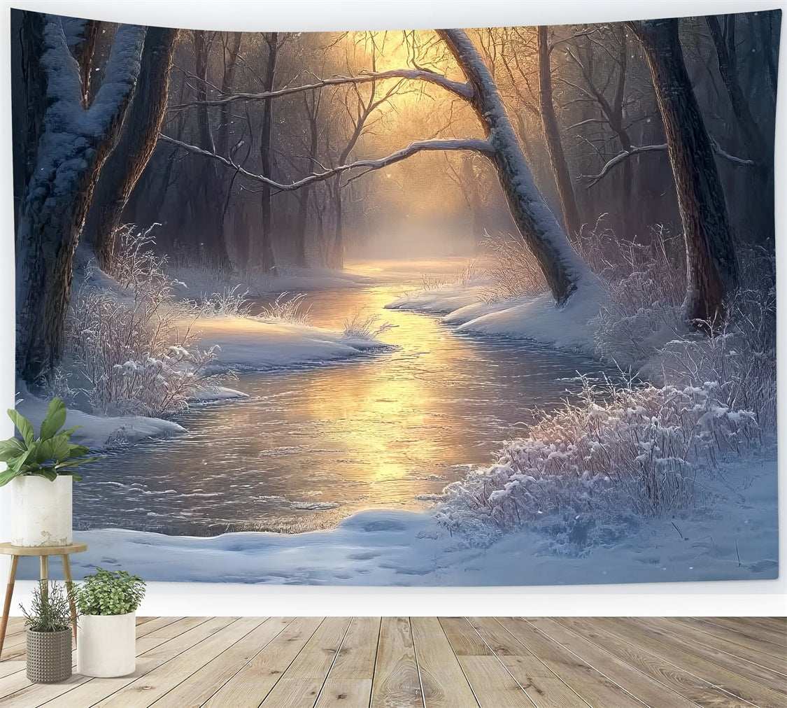 Toile de fond Hiver Forêt Rivière Tranquille Matin BRP57-392