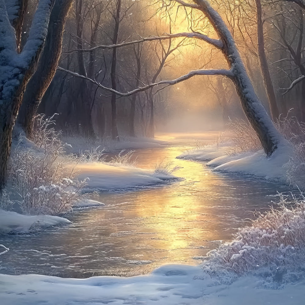 Toile de fond Hiver Forêt Rivière Tranquille Matin BRP57-392