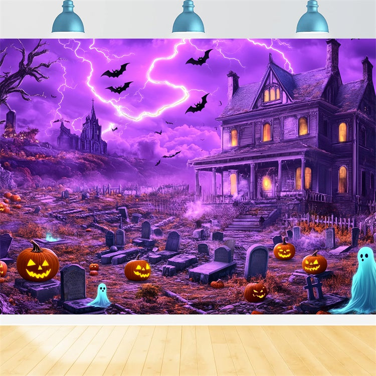 Toile de fond Halloween Maison Hantée et Éclairs au Cimetière BRP57-97