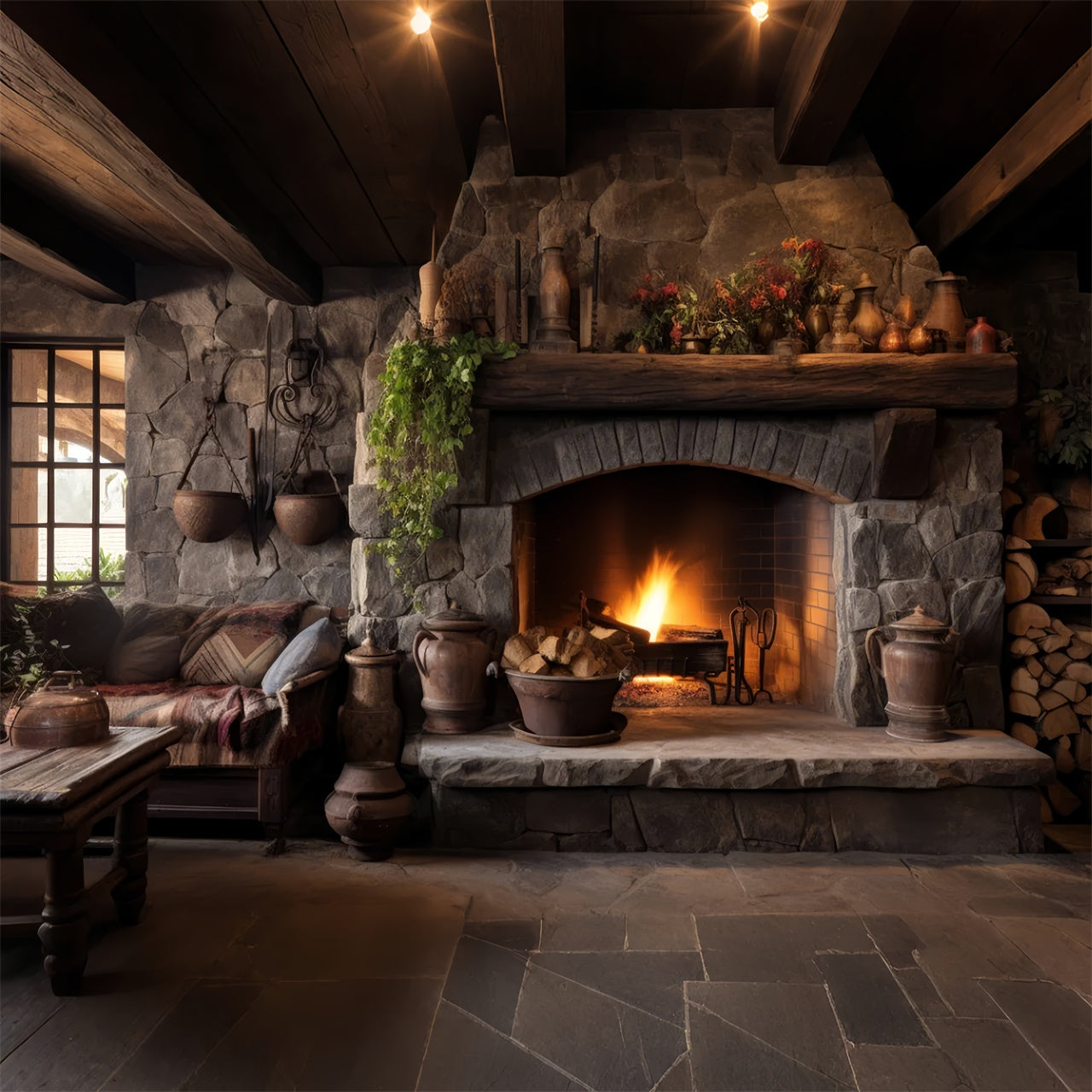 Toile de fond de salle avec cheminée et bureau d'automne BRP7-103