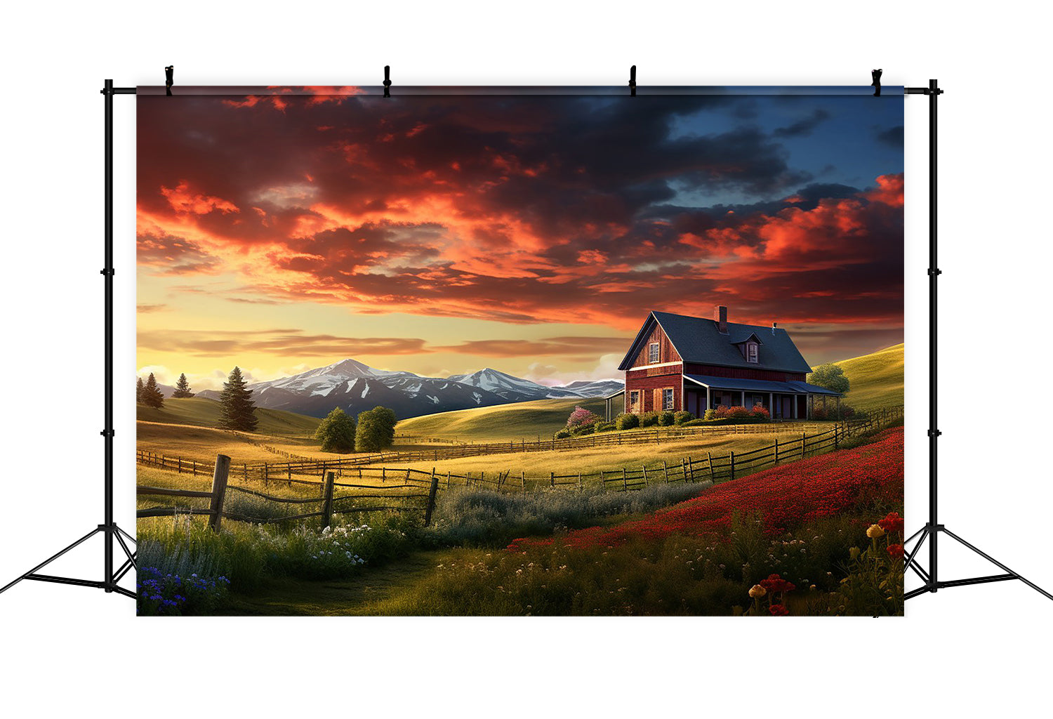 Toile de fond de ferme avec maison rouge au coucher du soleil en automne BRP7-108