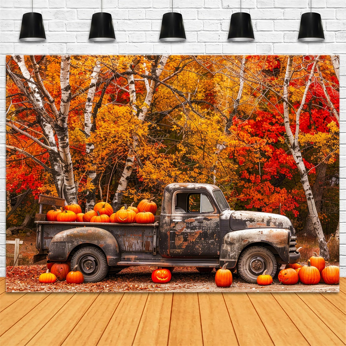 Toile de fond de forêt d'érable avec camion ancien et citrouilles d'automne BRP7-113