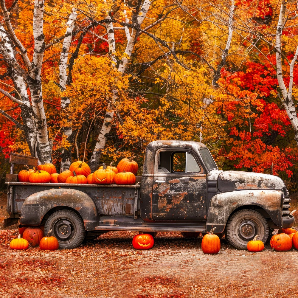 Toile de fond de forêt d'érable avec camion ancien et citrouilles d'automne BRP7-113